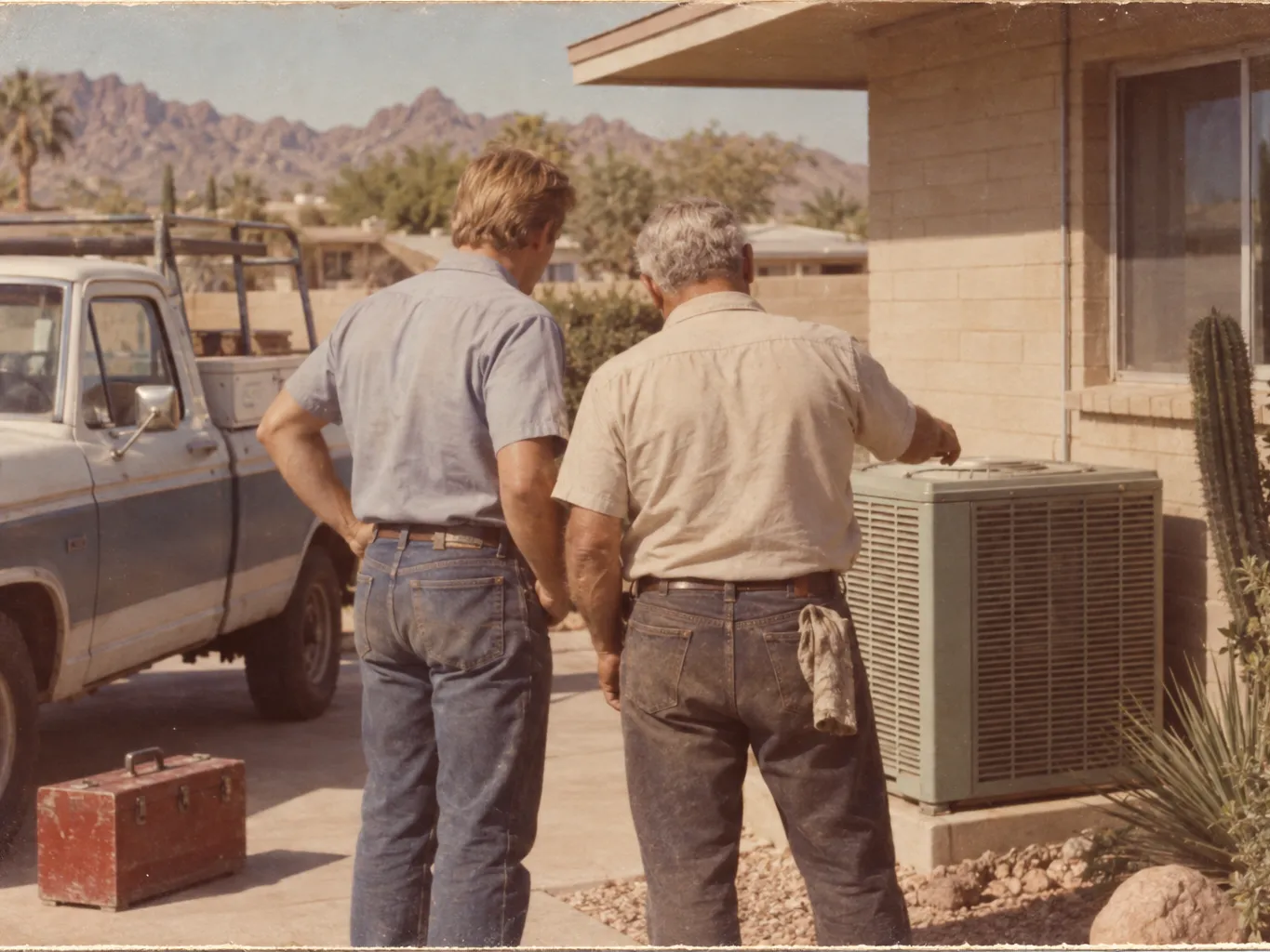 Vintage photo of two air conditioning technicians inspecting an outdoor A/C unit beside a work truck in Arizona