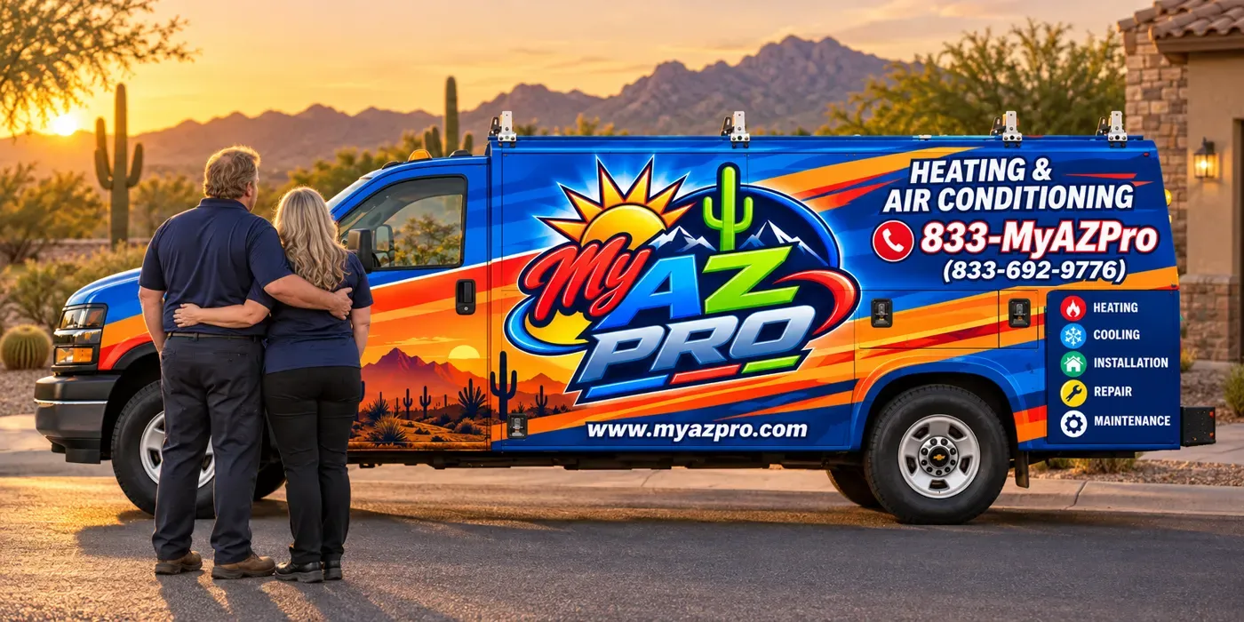 The husband-and-wife owners of My AZ Pro standing in front of their service van at sunset in the Arizona desert